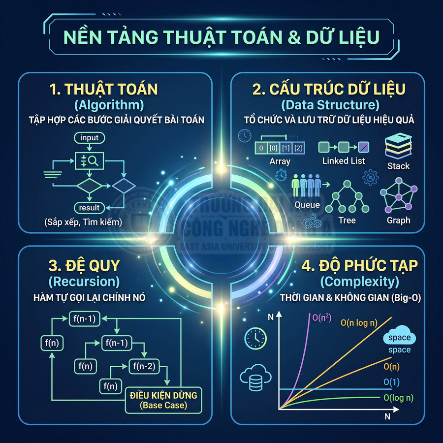 Infographic nền tảng thuật toán và cấu trúc dữ liệu với thuật toán, đệ quy, độ phức tạp Big O