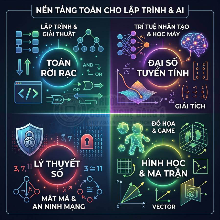 Nền tảng toán học cho lập trình và AI với các mảng toán rời rạc, đại số tuyến tính, lý thuyết số, hình học và ma trận