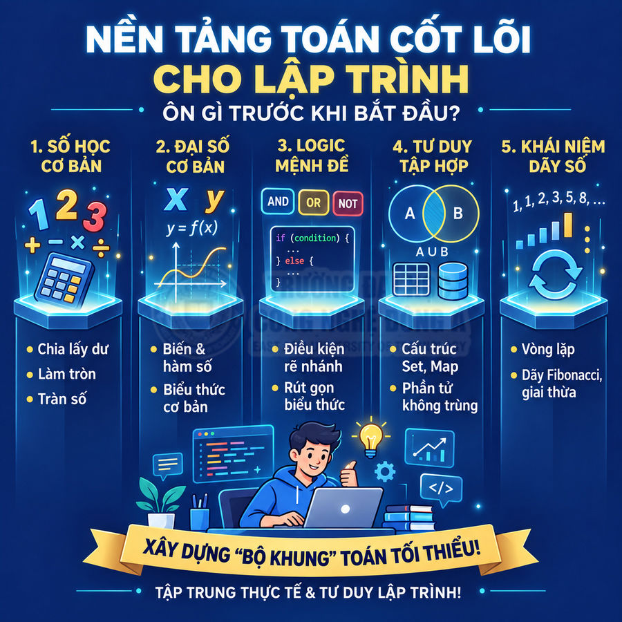 Các kiến thức toán cốt lõi cần học cho lập trình gồm số học, đại số, logic, tập hợp và dãy số