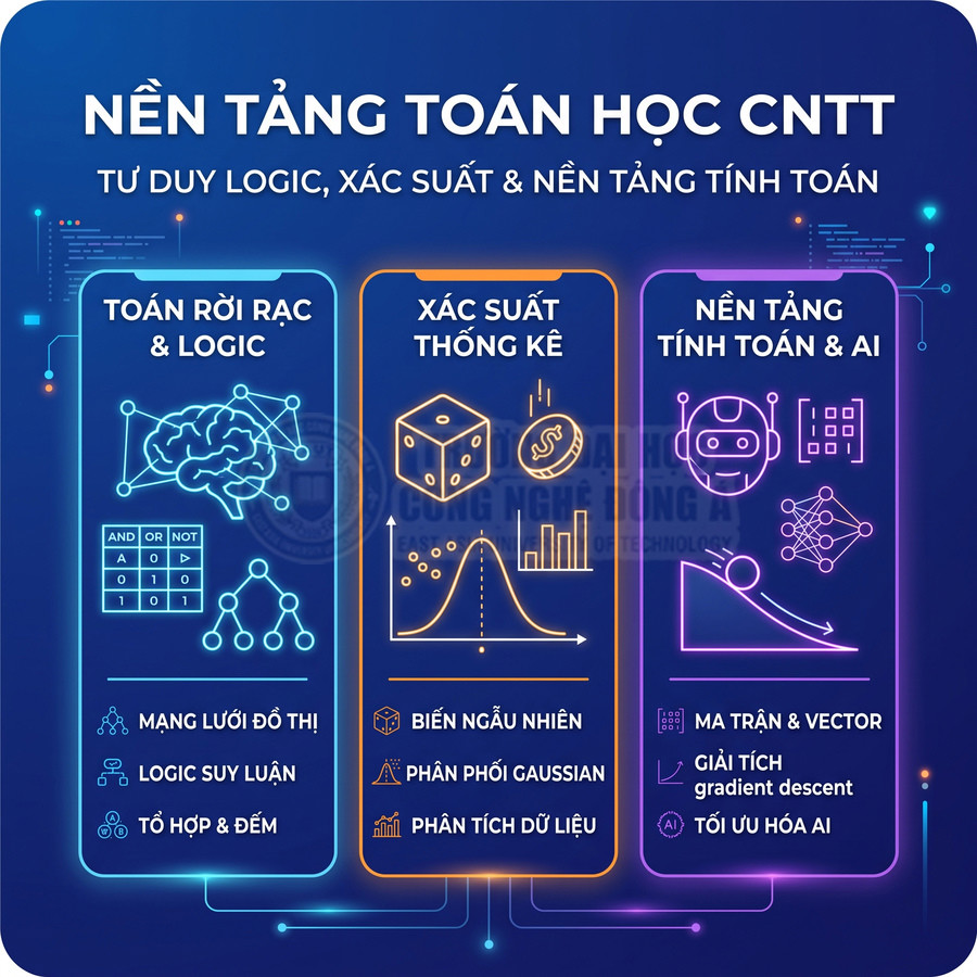 Nền tảng toán học CNTT với các mảng toán rời rạc, xác suất thống kê và nền tảng tính toán AI