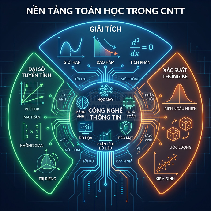 Sơ đồ nền tảng toán học trong công nghệ thông tin với giải tích, đại số tuyến tính và xác suất thống kê