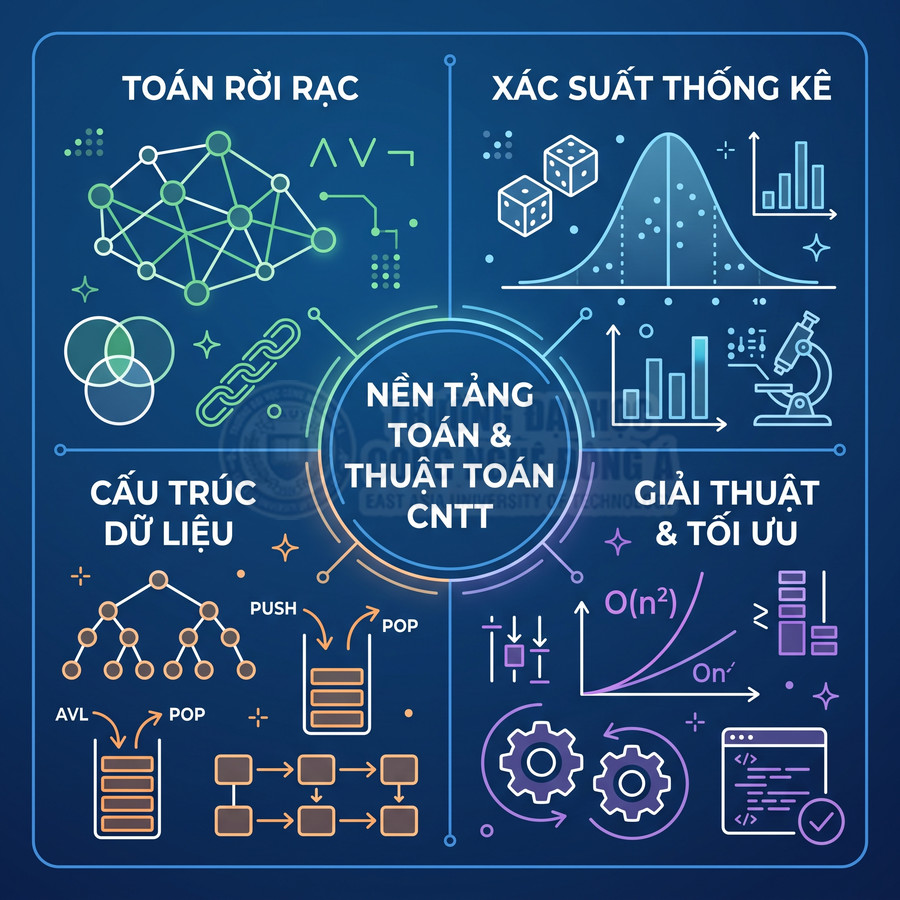 Minh họa nền tảng toán và thuật toán CNTT với toán rời rạc, xác suất thống kê, cấu trúc dữ liệu, giải thuật và tối ưu