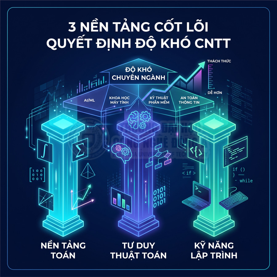 Minh họa 3 nền tảng cốt lõi quyết định độ khó ngành CNTT gồm toán, tư duy thuật toán và kỹ năng lập trình