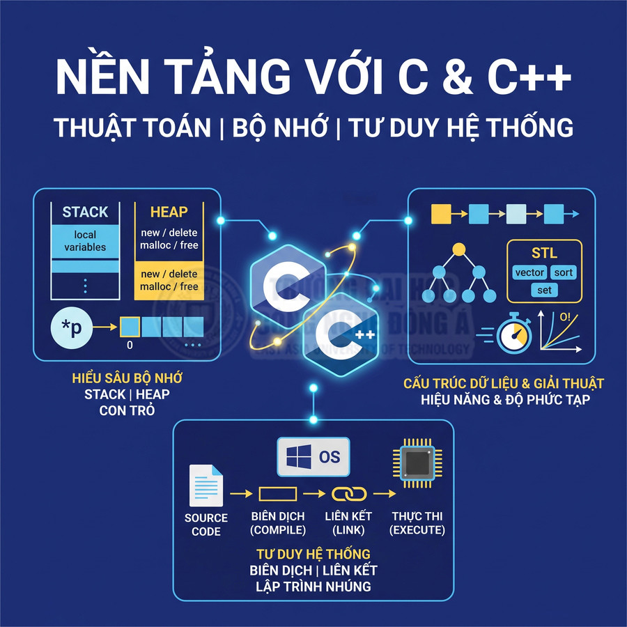Poster khóa học lập trình C và C++ tập trung thuật toán, bộ nhớ stack heap, con trỏ và cấu trúc dữ liệu STL