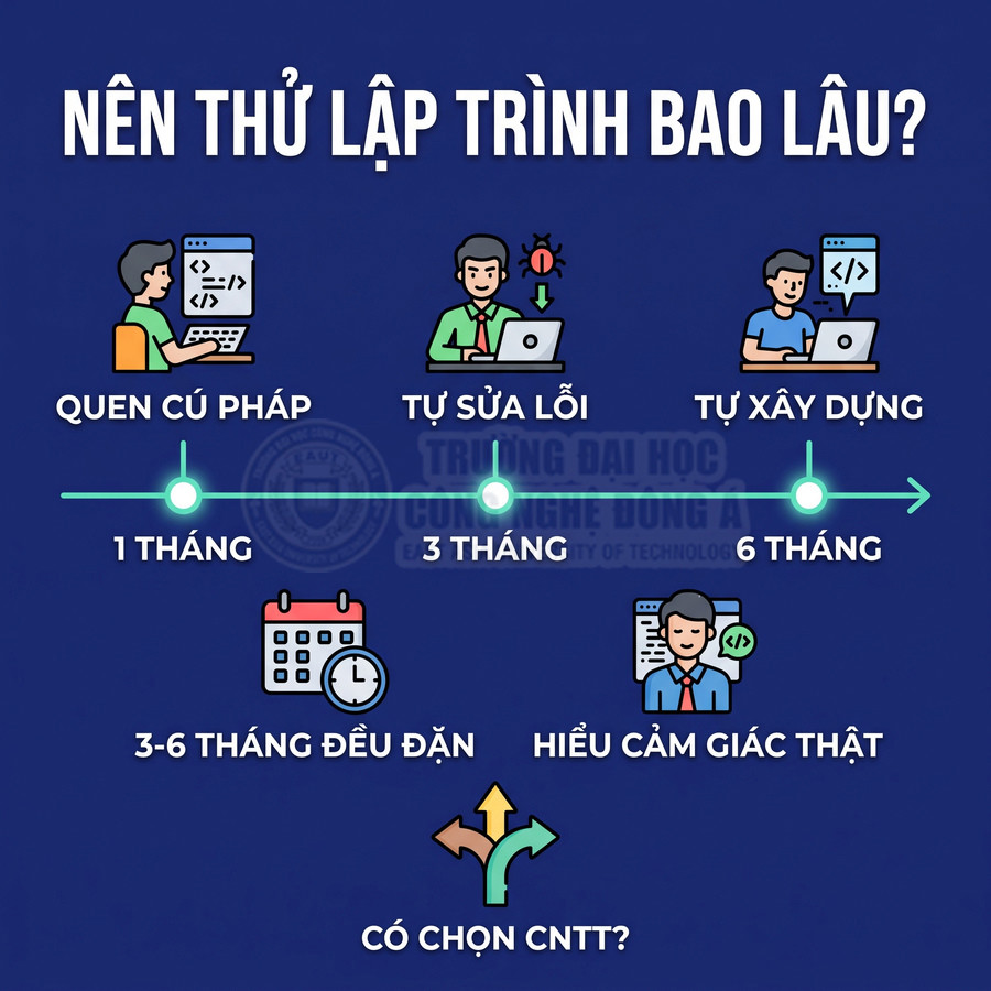 Lộ trình học lập trình từ 1 đến 6 tháng với các mốc quen cú pháp, tự sửa lỗi, tự xây dựng và chọn ngành CNTT