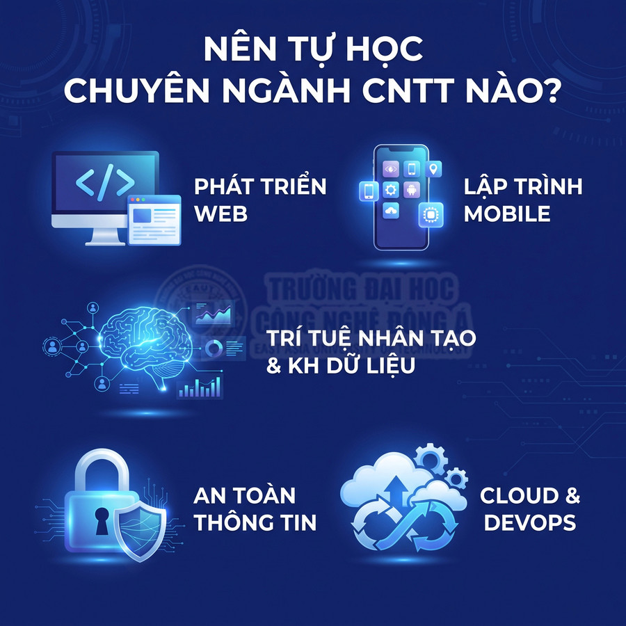 Các chuyên ngành tự học CNTT: phát triển web, lập trình mobile, AI và dữ liệu, an toàn thông tin, cloud và DevOps