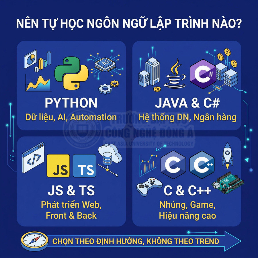 Infographic so sánh các ngôn ngữ lập trình Python, Java, C#, JavaScript, TypeScript, C và C++ theo định hướng học tập