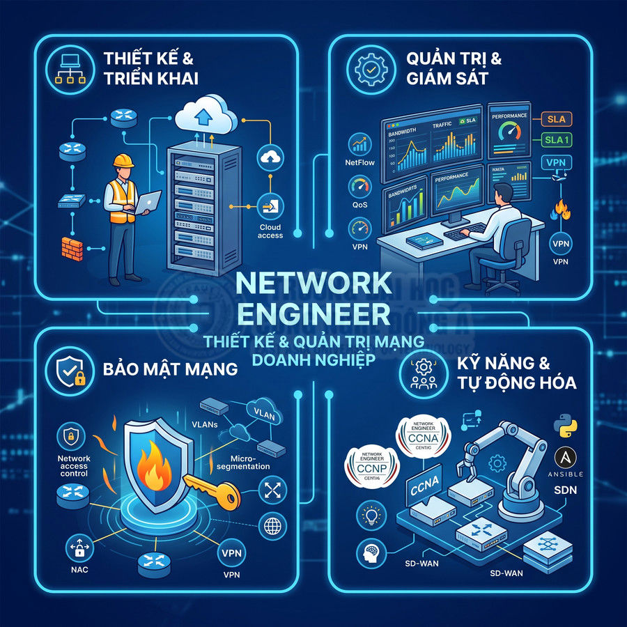Mô tả công việc network engineer với thiết kế triển khai, quản trị giám sát, bảo mật mạng và kỹ năng tự động hóa
