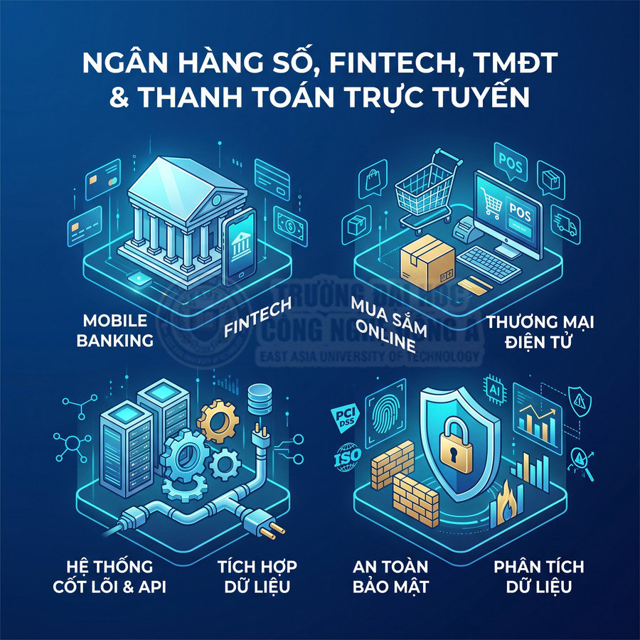 Minh họa các giải pháp ngân hàng số, fintech, thương mại điện tử, bảo mật và phân tích dữ liệu trong thanh toán trực tuyến