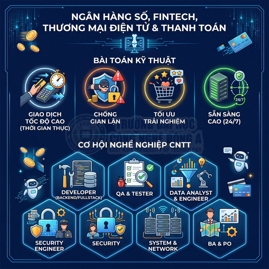 Infographic cơ hội nghề nghiệp CNTT trong ngân hàng số, fintech, thương mại điện tử và thanh toán số