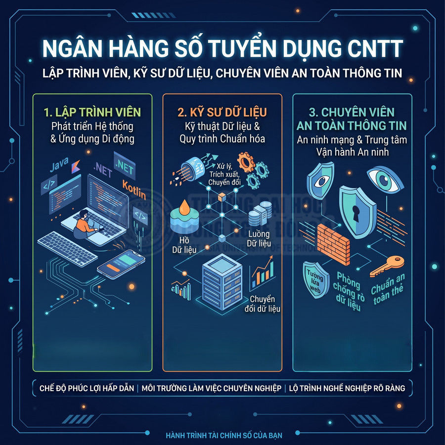 Infographic tuyển dụng CNTT cho ngân hàng số với vị trí lập trình viên, kỹ sư dữ liệu, chuyên viên an toàn thông tin