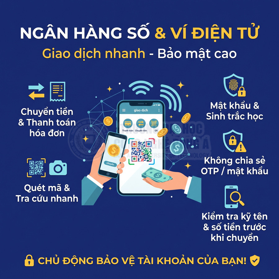 Ngân hàng số và ví điện tử trên điện thoại, hỗ trợ chuyển tiền, thanh toán hóa đơn và quét mã QR an toàn