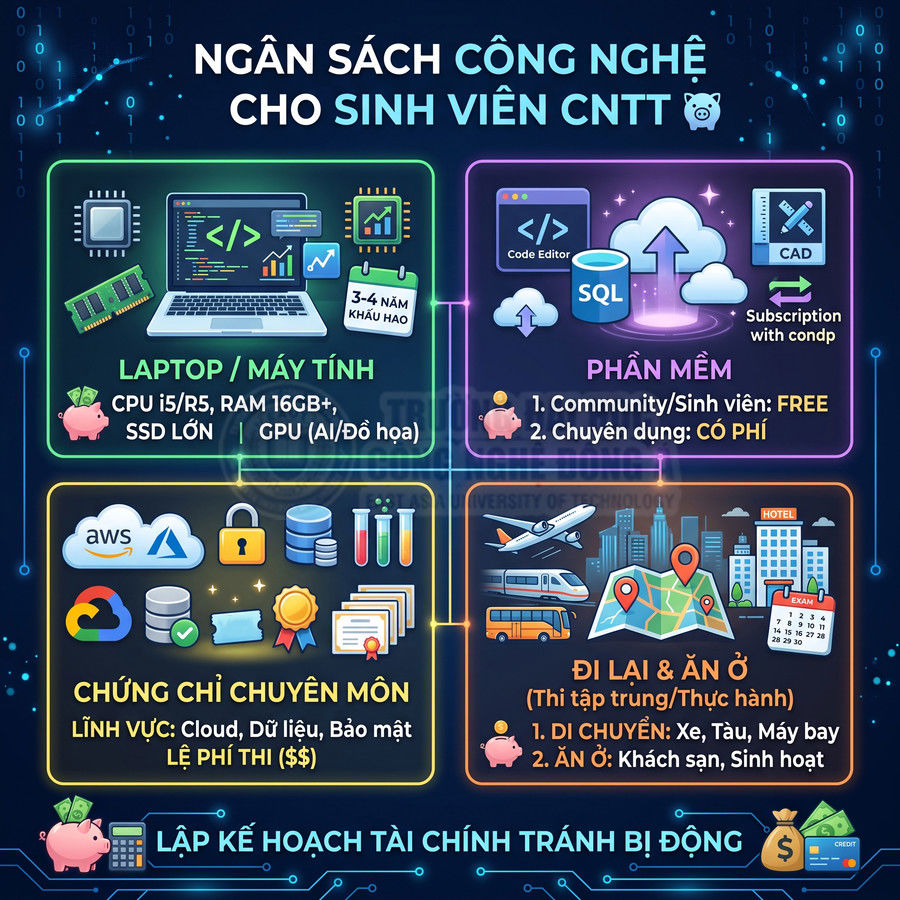 Infographic ngân sách công nghệ cho sinh viên CNTT gồm laptop, phần mềm, chứng chỉ chuyên môn và chi phí đi lại ăn ở