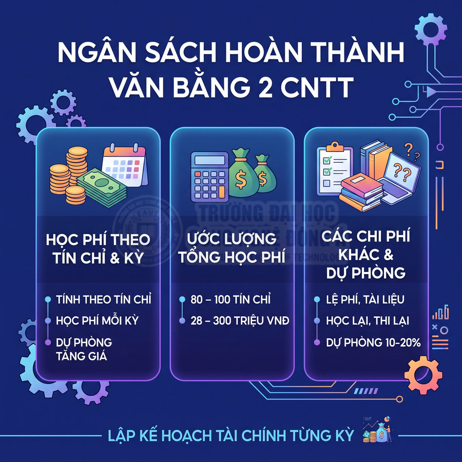 Infographic ngân sách hoàn thành văn bằng 2 CNTT với học phí tín chỉ, ước lượng tổng chi phí và các khoản dự phòng