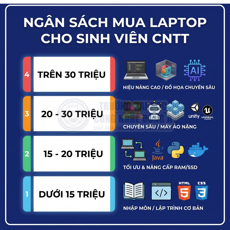Bảng gợi ý ngân sách mua laptop cho sinh viên CNTT từ dưới 15 triệu đến trên 30 triệu