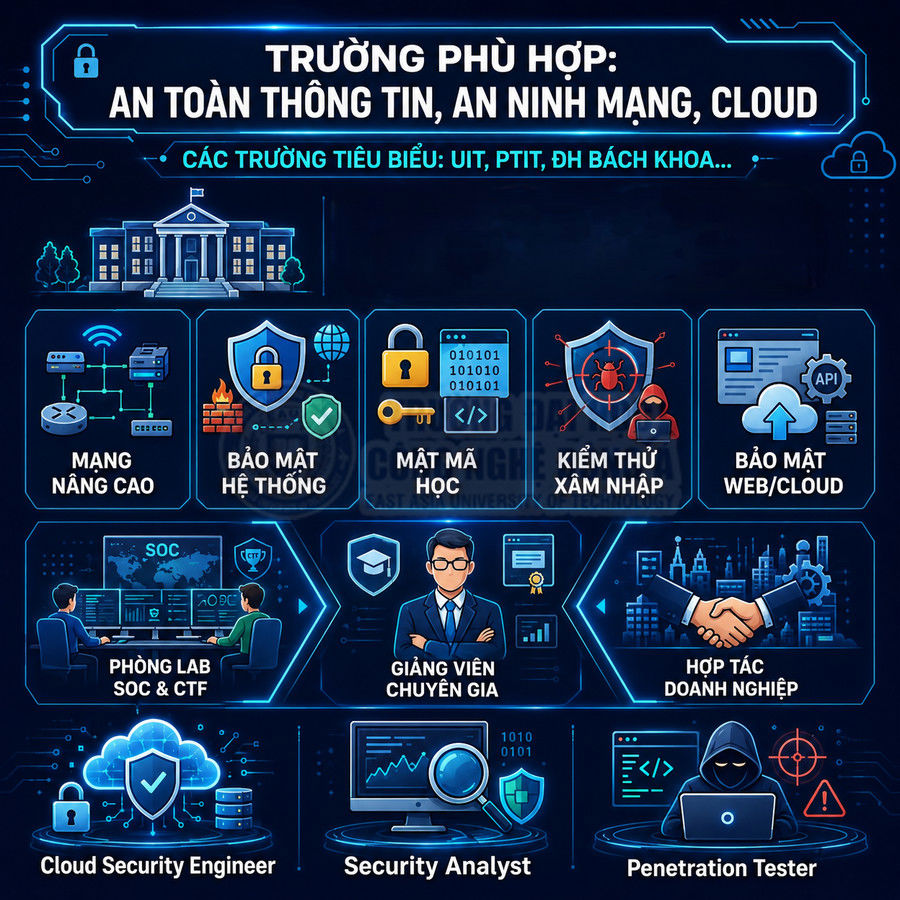 Infographic các ngành học an toàn thông tin, an ninh mạng, cloud và cơ hội nghề nghiệp như Cloud Security Engineer