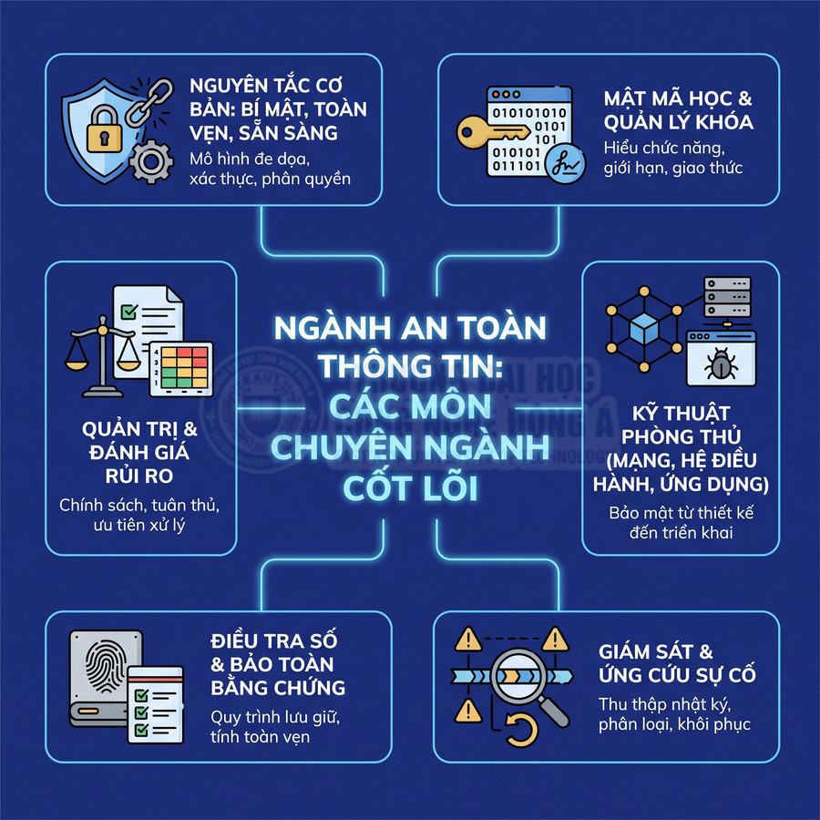 Các môn chuyên ngành cốt lõi của ngành an toàn thông tin gồm mật mã, quản trị rủi ro, phòng thủ và ứng cứu sự cố