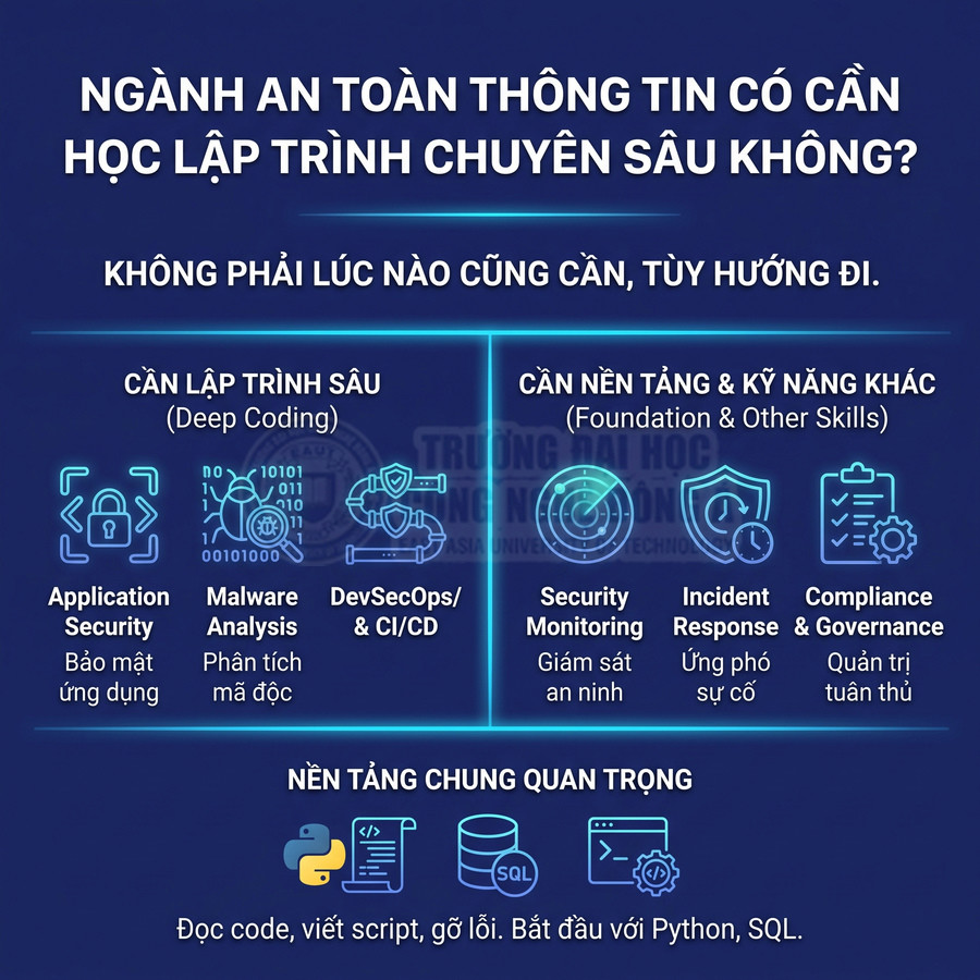 Các hướng học ngành an toàn thông tin, từ lập trình chuyên sâu đến nền tảng Python và SQL