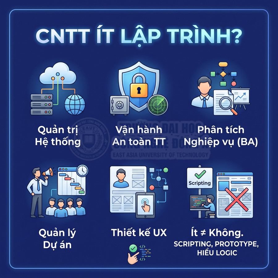 Các vị trí ngành CNTT ít lập trình như quản trị hệ thống, an toàn thông tin, BA, quản lý dự án, thiết kế UX