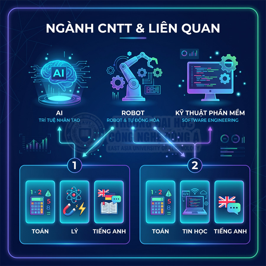 Infographic ngành CNTT với các lĩnh vực AI, robot, kỹ thuật phần mềm và môn học Toán Lý Tin Anh