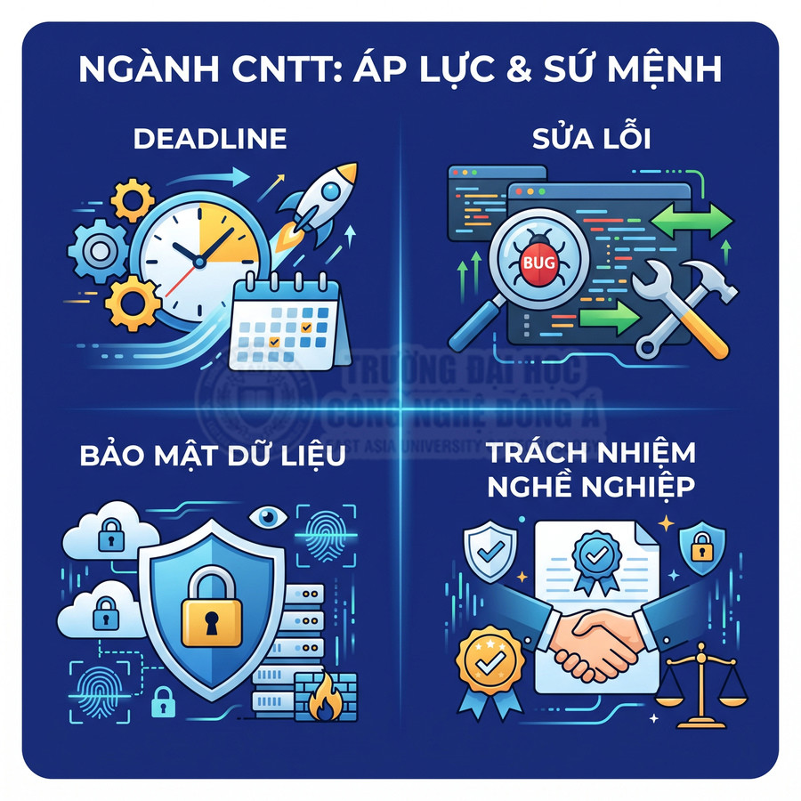 Minh họa ngành CNTT với deadline, sửa lỗi, bảo mật dữ liệu và trách nhiệm nghề nghiệp trên nền xanh