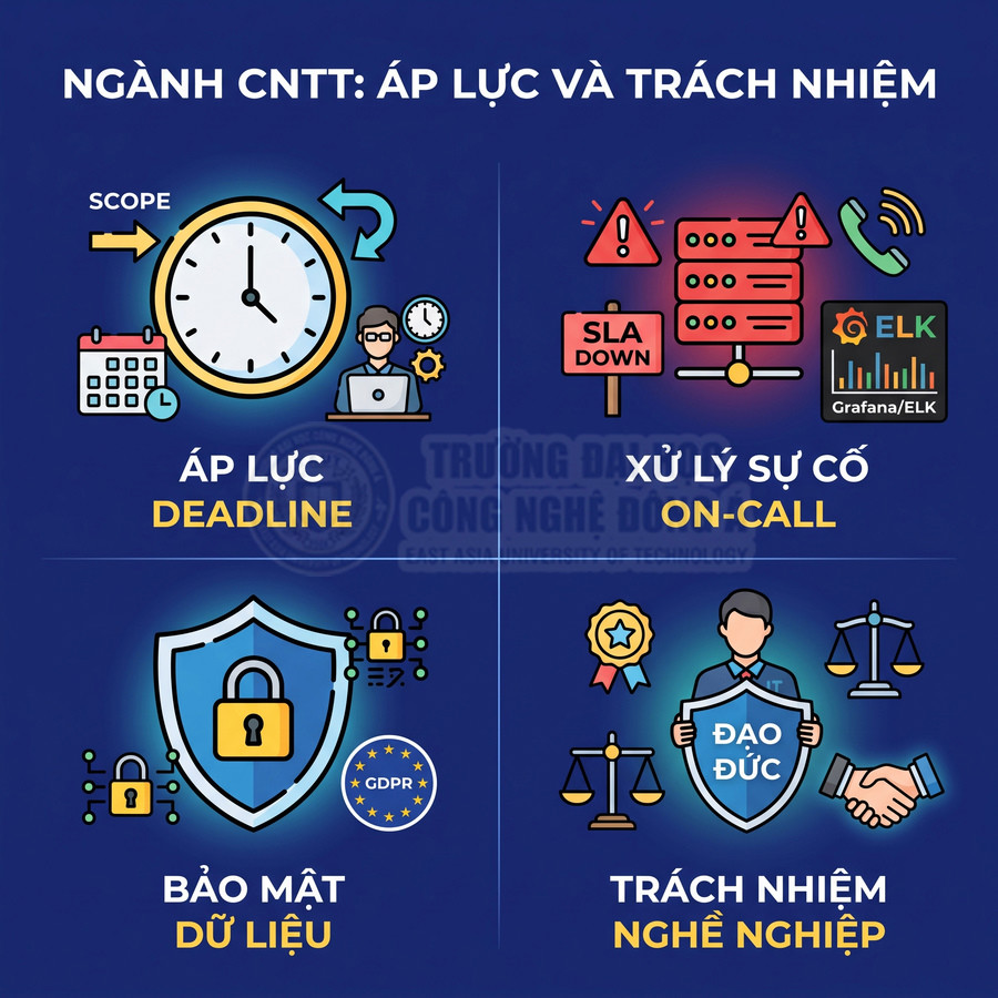 Infographic ngành CNTT với áp lực deadline, xử lý sự cố on call, bảo mật dữ liệu và trách nhiệm nghề nghiệp