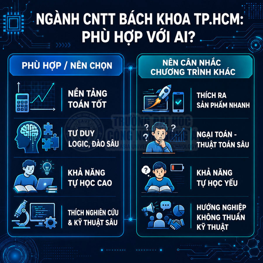 Infographic tư vấn ngành CNTT Bách khoa TP.HCM, so sánh đối tượng phù hợp và nên cân nhắc chương trình khác