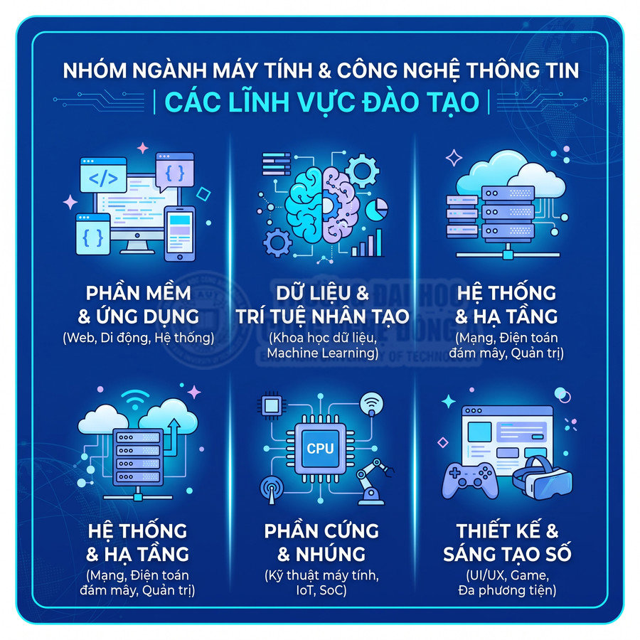 Các lĩnh vực đào tạo nhóm ngành máy tính và công nghệ thông tin với icon minh họa từng chuyên ngành