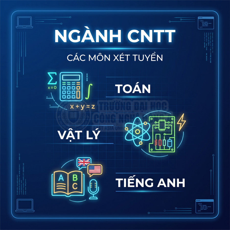 Ngành CNTT với các môn xét tuyển Toán, Vật lý, Tiếng Anh minh họa bằng icon neon trên nền xanh