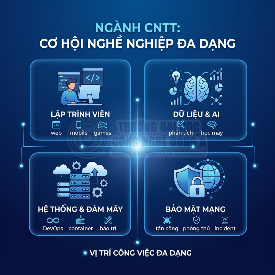 Ngành CNTT với các cơ hội nghề nghiệp: lập trình viên, dữ liệu và AI, hệ thống đám mây, bảo mật mạng