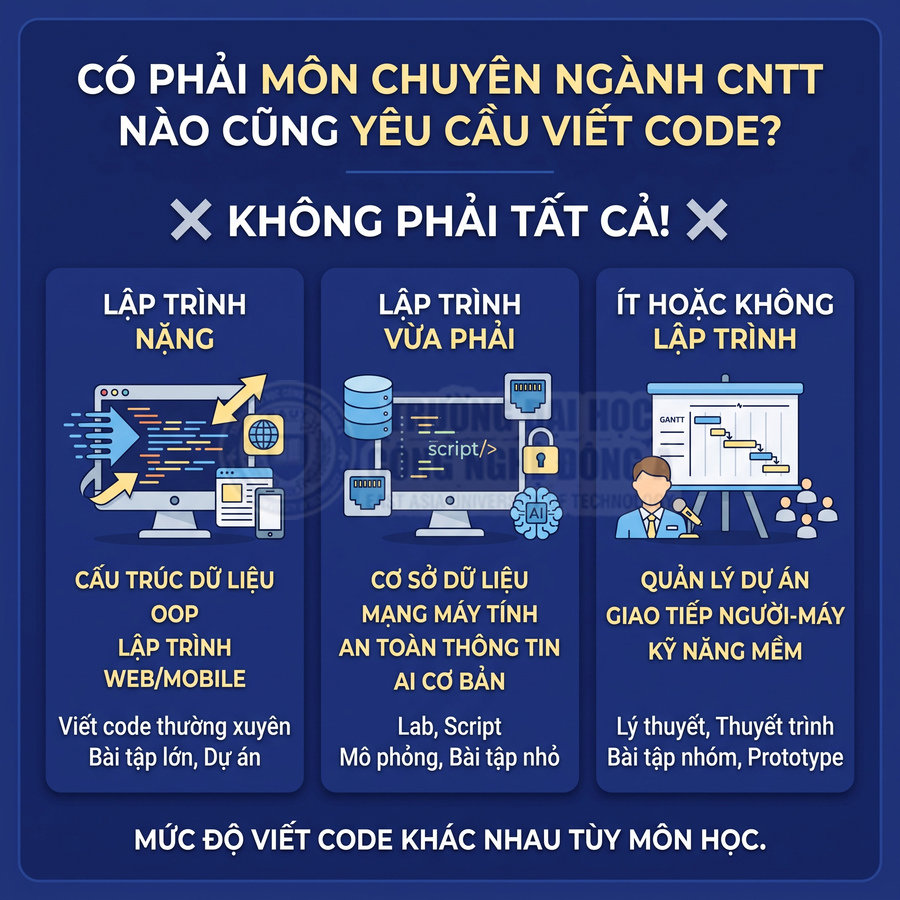 Infographic so sánh các môn chuyên ngành CNTT theo mức độ lập trình từ nặng đến ít hoặc không viết code
