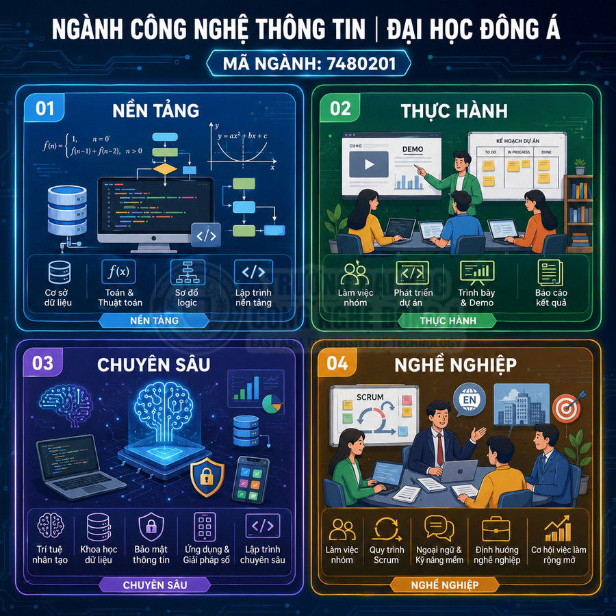 Infographic giới thiệu chương trình ngành Công nghệ thông tin Đại học Đông Á với các khối nền tảng, thực hành, chuyên sâu, nghề nghiệp