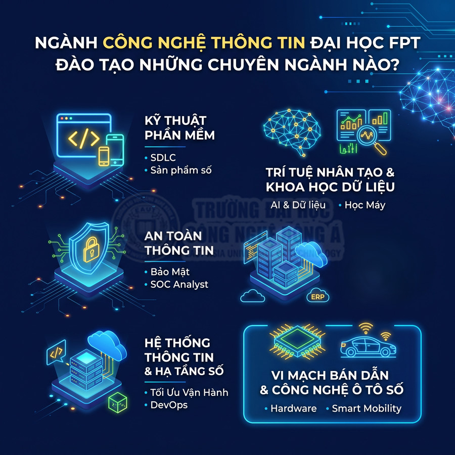 Các chuyên ngành công nghệ thông tin tại Đại học FPT như kỹ thuật phần mềm, AI, an toàn thông tin, hạ tầng số, vi mạch ô tô số