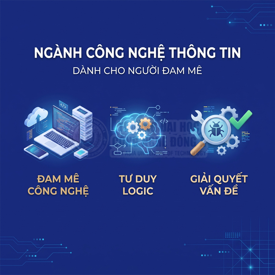 Poster ngành công nghệ thông tin với biểu tượng laptop, não bộ tư duy logic và kính lúp giải quyết vấn đề