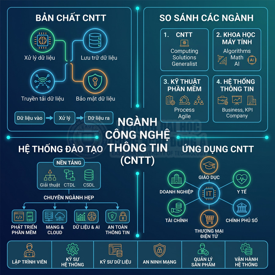 Sơ đồ giới thiệu ngành công nghệ thông tin, hệ thống đào tạo và các lĩnh vực ứng dụng CNTT trong đời sống