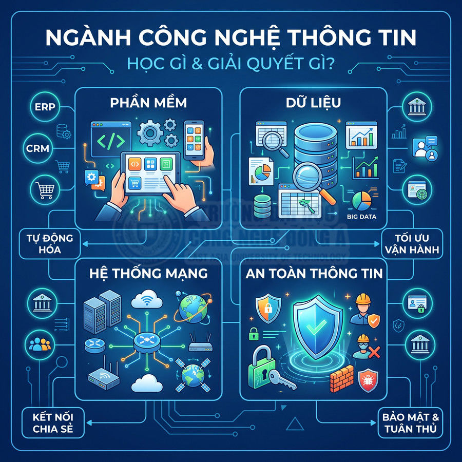 Infographic ngành công nghệ thông tin với các mảng phần mềm, dữ liệu, hệ thống mạng và an toàn thông tin