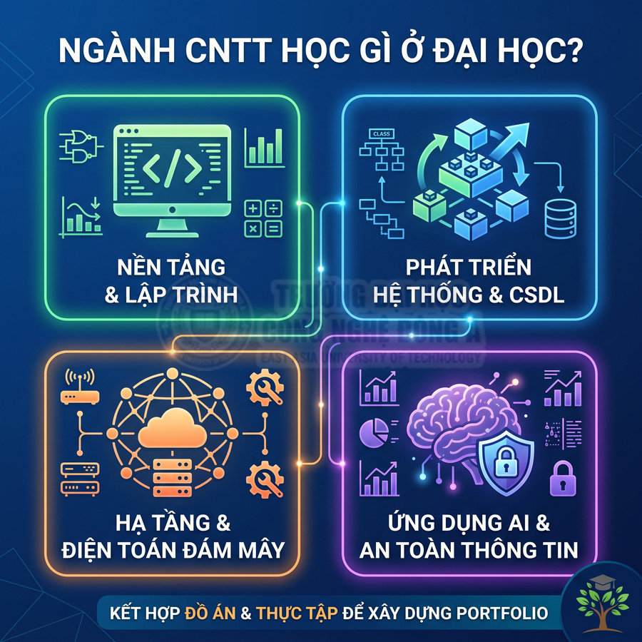 Infographic ngành CNTT đại học với các mảng lập trình, hệ thống CSDL, điện toán đám mây, ứng dụng AI và an toàn thông tin