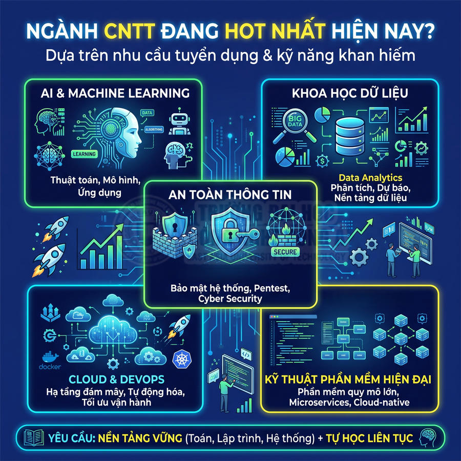 Các ngành CNTT hot: AI, Machine Learning, Khoa học dữ liệu, An toàn thông tin, Cloud DevOps, Kỹ thuật phần mềm