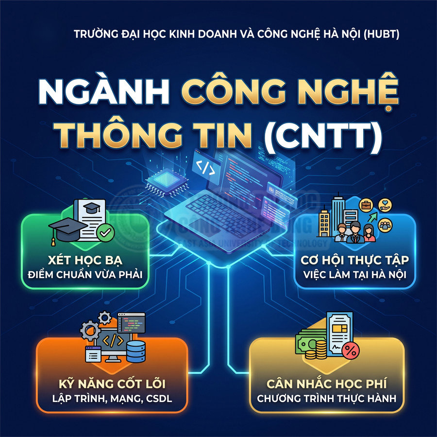 Ngành Công nghệ Thông tin HUBT với laptop lập trình và các ưu điểm xét học bạ, kỹ năng cốt lõi, cơ hội việc làm