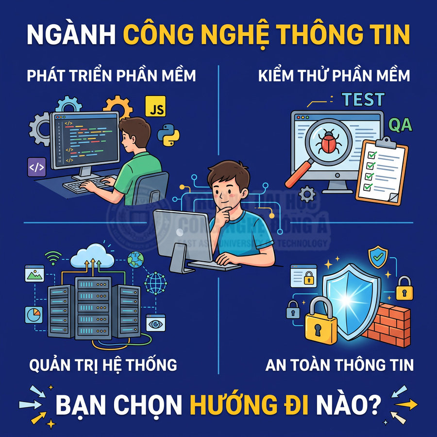 Các hướng ngành công nghệ thông tin gồm phát triển phần mềm, kiểm thử phần mềm, quản trị hệ thống và an toàn thông tin