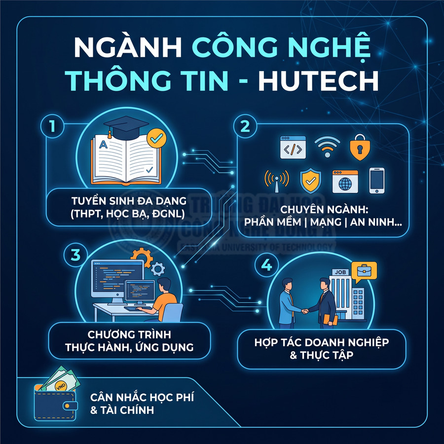 Infographic giới thiệu ngành Công nghệ Thông tin HUTECH với tuyển sinh, chuyên ngành, thực hành, hợp tác doanh nghiệp và học phí