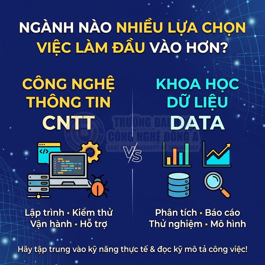 So sánh ngành Công nghệ thông tin và Khoa học dữ liệu về cơ hội việc làm đầu vào và kỹ năng thực tế.