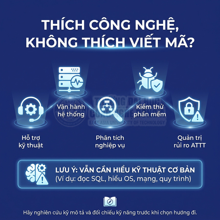 Đồ họa giới thiệu các nghề công nghệ không cần viết mã như hỗ trợ kỹ thuật, vận hành hệ thống, phân tích nghiệp vụ, kiểm thử phần mềm và quản trị rủi ro ATTT.