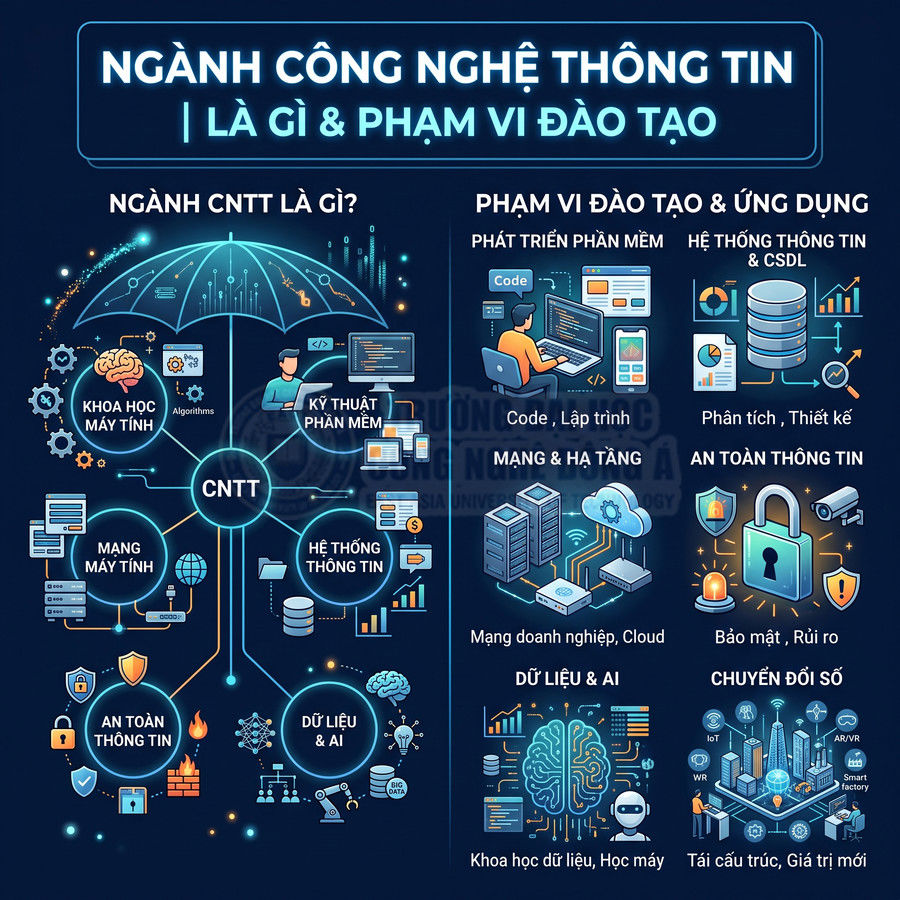 Infographic giới thiệu ngành công nghệ thông tin, các chuyên ngành, phạm vi đào tạo và ứng dụng CNTT