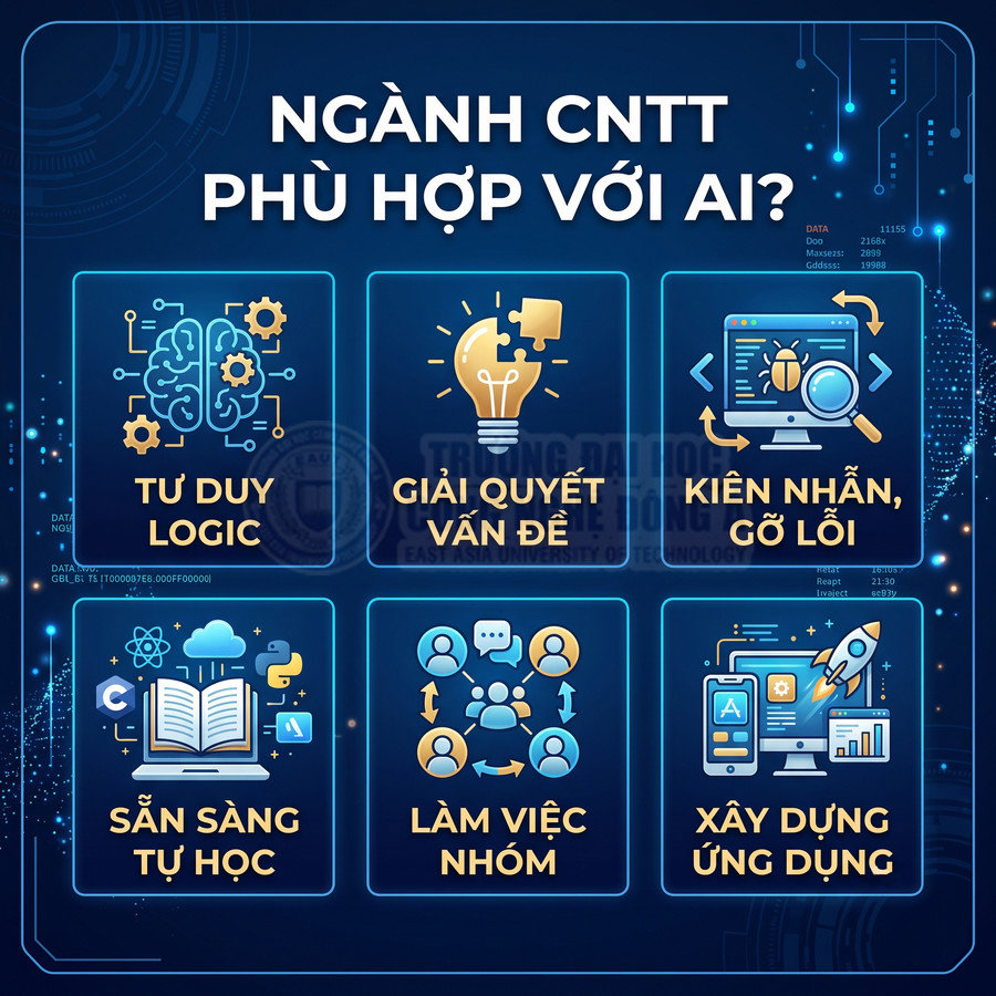Ngành CNTT phù hợp với người tư duy logic, giải quyết vấn đề, kiên nhẫn gỡ lỗi, tự học, làm việc nhóm, xây dựng ứng dụng