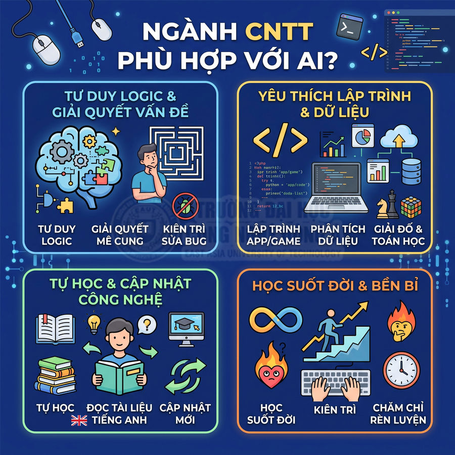 Infographic giới thiệu các tố chất phù hợp học ngành công nghệ thông tin như tư duy logic, yêu thích lập trình và học suốt đời