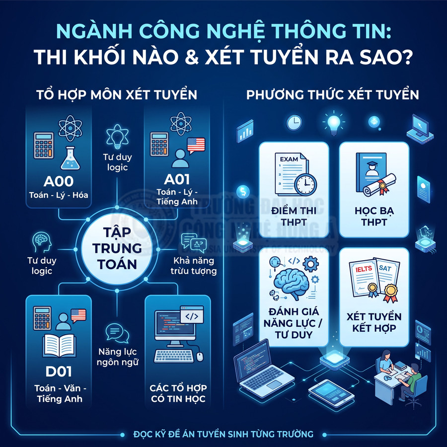 Infographic ngành công nghệ thông tin giới thiệu các khối thi A00 A01 D01 và phương thức xét tuyển THPT