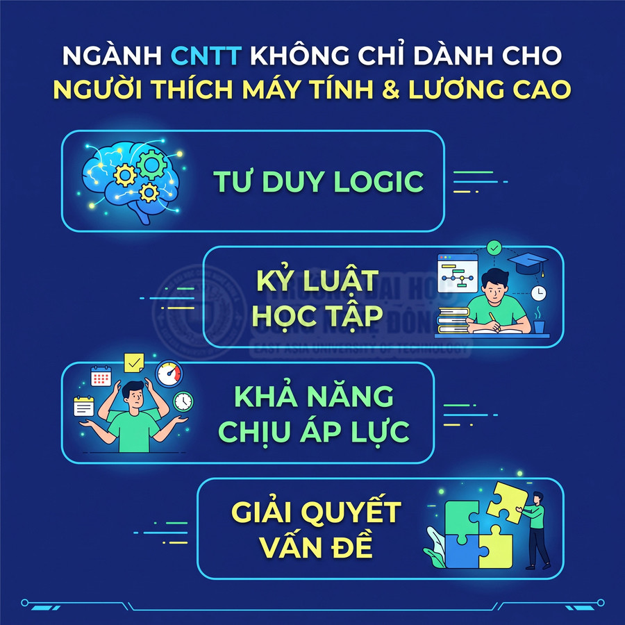 Các kỹ năng cần có khi học ngành CNTT như tư duy logic, kỷ luật học tập, chịu áp lực, giải quyết vấn đề