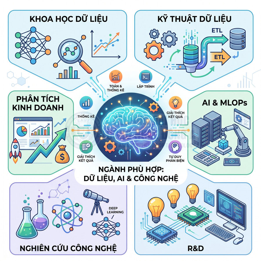 Minh họa các ngành nghề liên quan dữ liệu AI và công nghệ như khoa học dữ liệu phân tích kinh doanh R&D