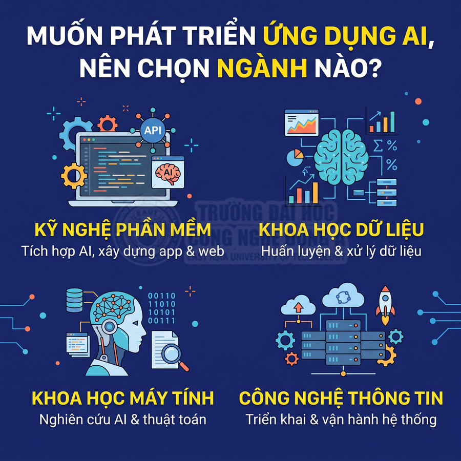 Các ngành phát triển ứng dụng AI gồm kỹ nghệ phần mềm, khoa học dữ liệu, khoa học máy tính và công nghệ thông tin